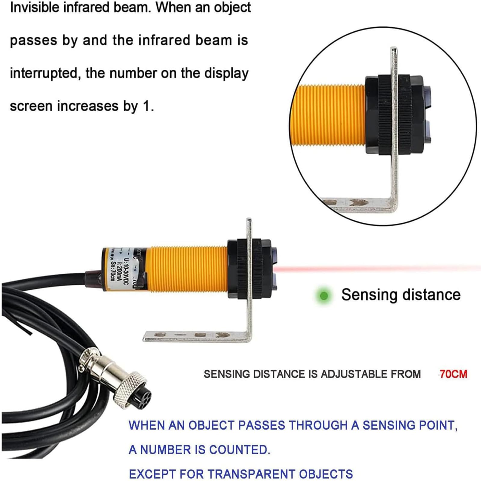 Compteur numérique à 6 chiffres avec télécommande, distance d'induction réglable 0-70 cm, plage de comptage 0-999999, mémoire d'arrêt pour bande transporteuse