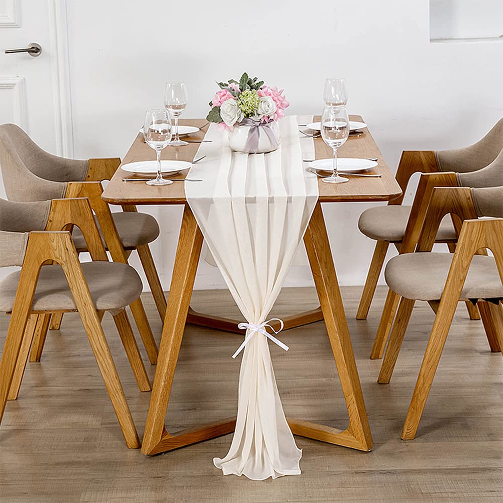 6 Stück Chiffon Tischläufer Milchweiß 600 x 70 cm, Hochzeit Tischläufer Waschbar - Romantischer Hochzeitsläufer für Hochzeit, Geburtstag, Brautdusche, Babyparty, Tischdekoration