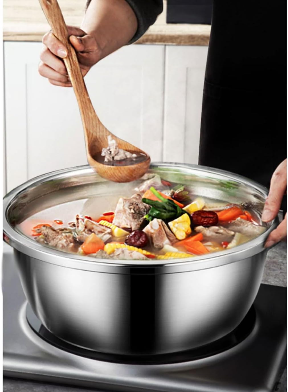 Salad Bowls Mixing Bowls Pots and Pans Serving Trays Cooking Baking Nesting Bowls 304 Stainless Steel Soup Bowls 4 Piece Set，