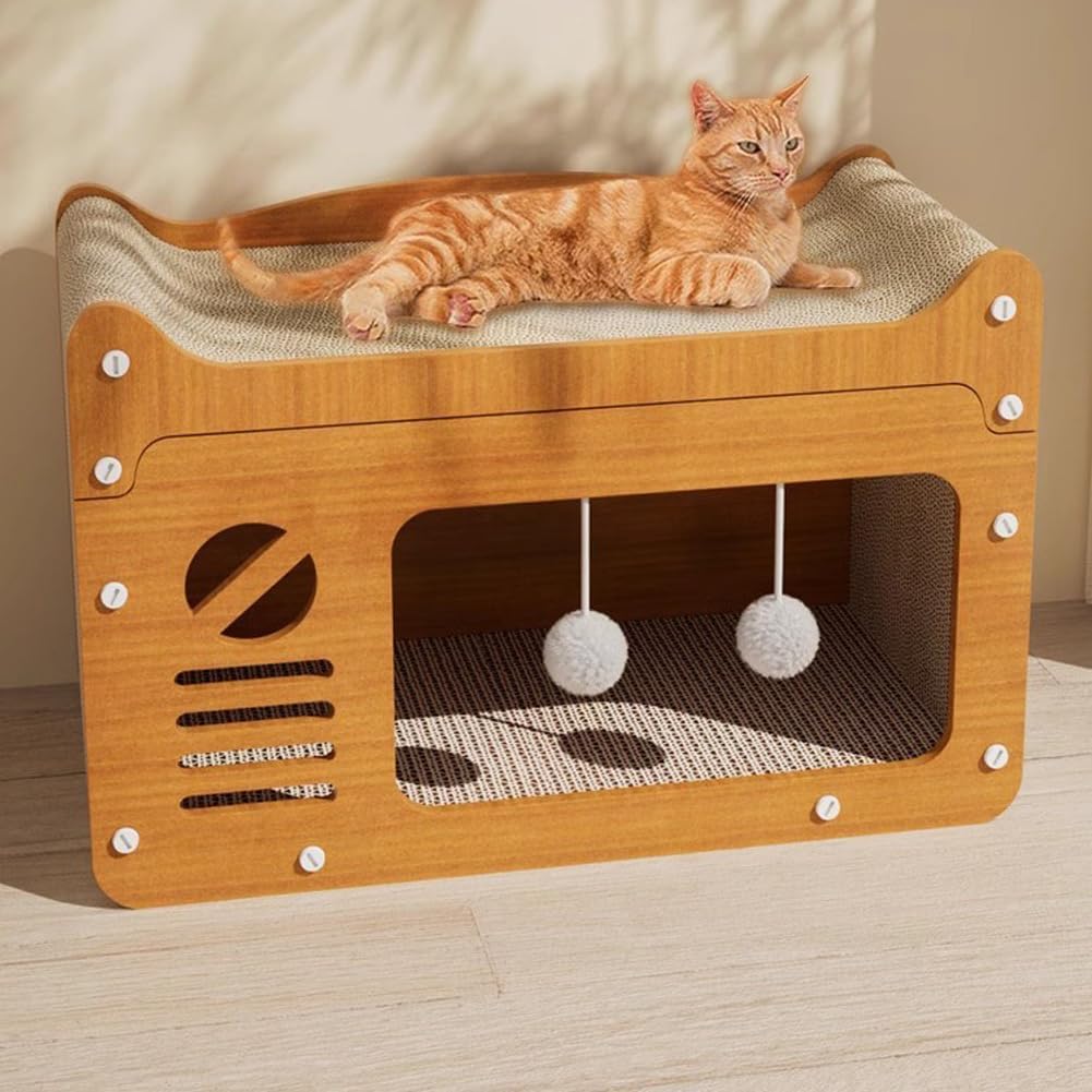 Extra Large Cardboard Cat Scratcher House with 2 Hanging Balls,Detachable Corrugated Board Cat Kitten Scratching Box Durable Board Prevent Furniture Damage