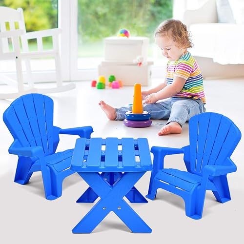 Miniatura 2 de Reunion G Juego de mesa y 2 sillas de plástico duradero para niños, juego de mesa de manualidades para actividades de patio (azul)