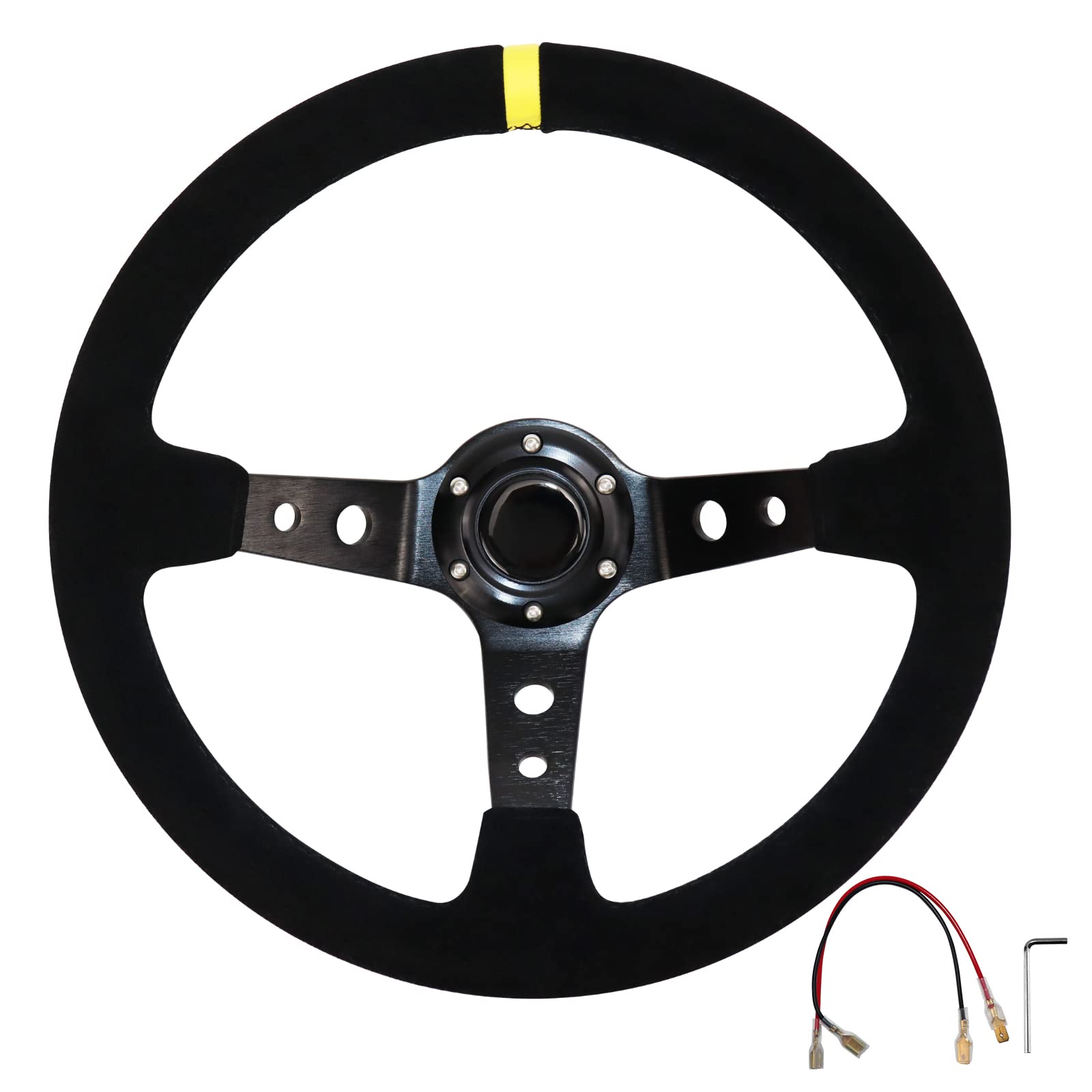 Universal Racing Steering Wheel, Gaming Steering Wheel 13.6" 6 Bolts Grip Suede Deep Dish with Horn Button for Race/Rally/Motorsport/Car Sim Driving(Black)