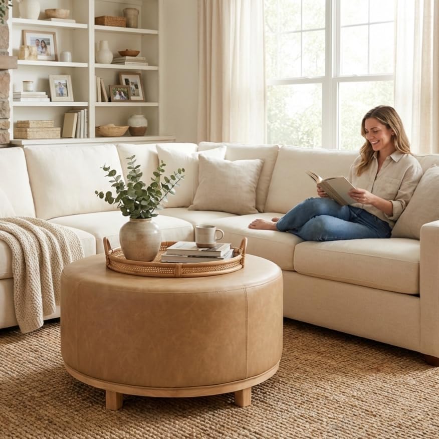 Image of HomePop 32 inch Haven Ottoman with Wood Base - Sand Faux Leather