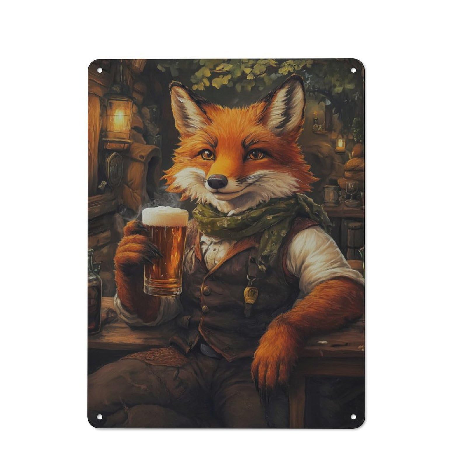 Barn Style Farmhouse Metal Sign 40x30cm Featuring Fox with Beer in Tavern, Cottage Wall Art for Kitchen, Cottage, Porch Or Garden Room