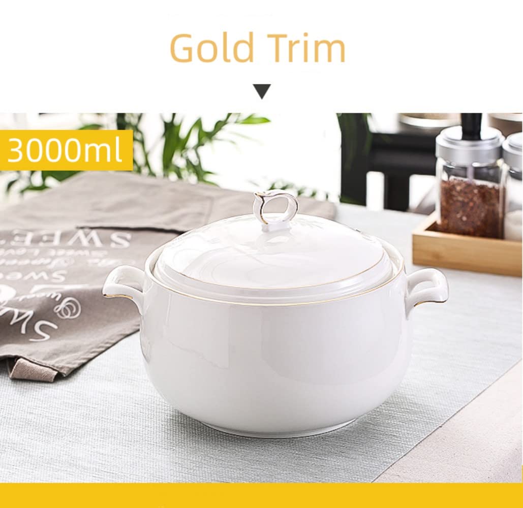 Zuppiera in ceramica con coperchio, 3 l, grande capacità, con doppi manici, per cucina, porcellana, bianca con finiture dorate, adatta al microonde e alla lavastoviglie (tipo 2)