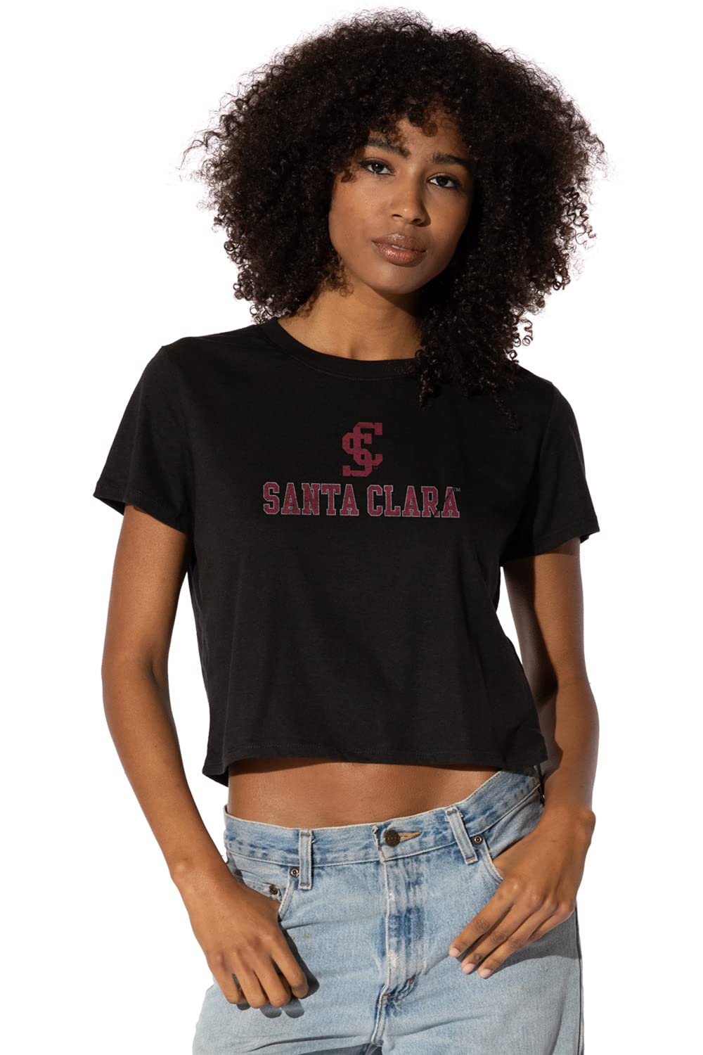 Official Collegiate Distressed Primary Logo Women's Apparel Crop Top T-Shirt Collection, Black