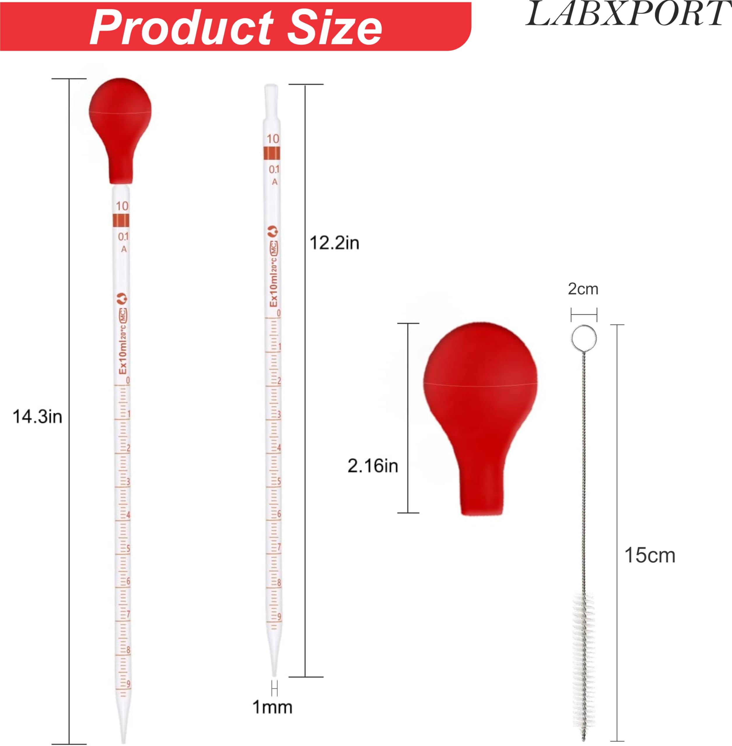 LABXPORT 10ml (13inch) Glass Graduated Pipette Droppers with Red Rubber Bulbs (2pc.) & cleaning Brush–for Lab Laboratory perfume making Cosmetics School College Science Essential Oils home use - Image 2 thumbnail