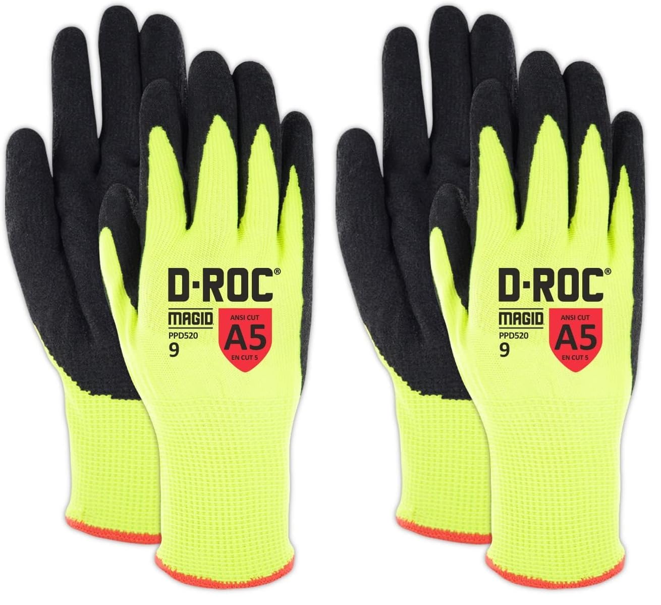 MAGID Padded Palm Level A5 Cut Resistant Work Gloves, 1 PR, Enhanced Liquid Grip, Sandy Nitrile Coated (Nitrix), Size 11/XXL, Reusable, 15-Gauge DuraBlend Shell (PPD520) (Pack of 2)