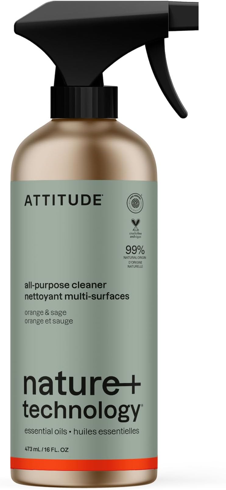 Multi-Purpose Cleaner, EWG Verified, Plant and Mineral-Based Ingredients, Vegan Household Products, Refillable Aluminum Bottle, Orange and Sage, 473 ml