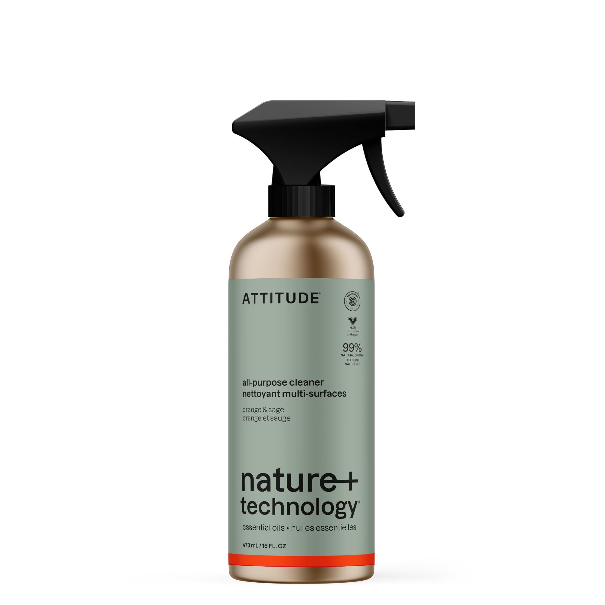 ATTITUDE All Purpose Cleaner, EWG Verified Multi-Surface Products, Vegan, Naturally Derived Multipurpose Cleaning Spray, Orange and Sage, 16 Fl Oz
