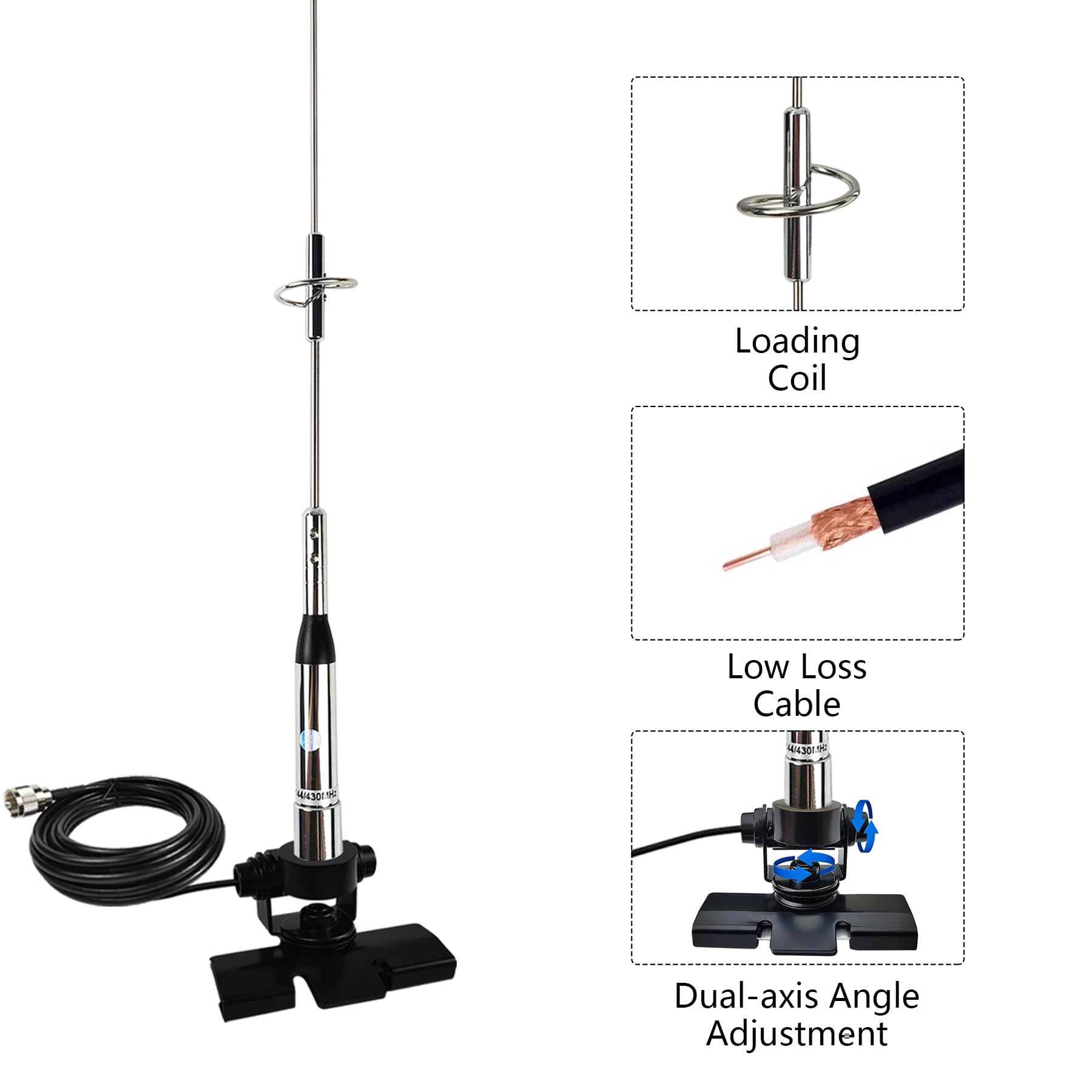 Antena de radio de jamón móvil de doble banda UHF VHF 136-174MHz 400-470MHz con cable de 16 pies y clip de base para coche, camión, radio, radio, amateur, radio móvil, radio bidireccional, barco