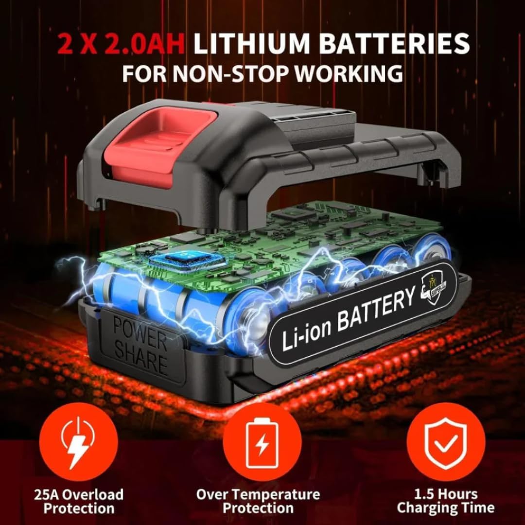 JPT Heavy-Duty 21V Impact Cordless Drill Machine | 28N.M Torque | 0-1350RPM Speed | 25+3 Gears Setting | 2 Speed Modes | Bright LED Light | Forward & Reverse | 2000mAh Battery | Fast Charger - Image 8 thumbnail