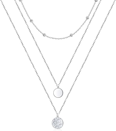 FLYOW Collar en capas de plata de ley S925, collar multicapa de triple cadena larga, delicado collar con colgante para mujer