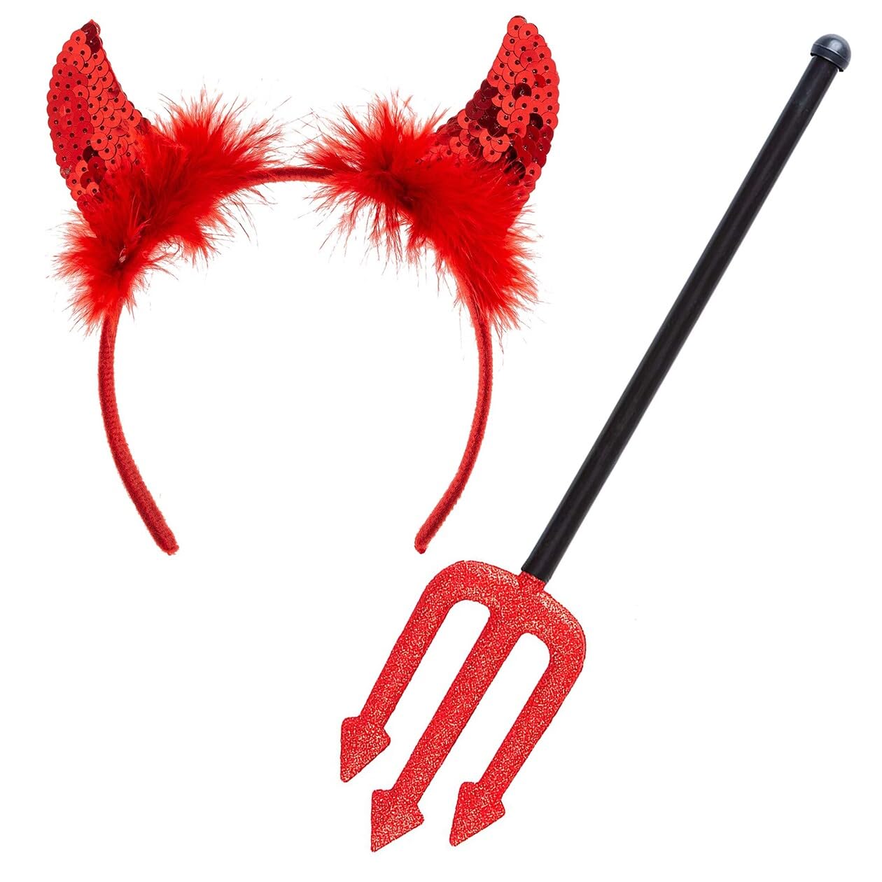 Halloween Headband, Red Devil Horns and Devil Fork Devil Set, Halloween Costume Photo Props, Red Devil Costume Accessories for Kids Adults