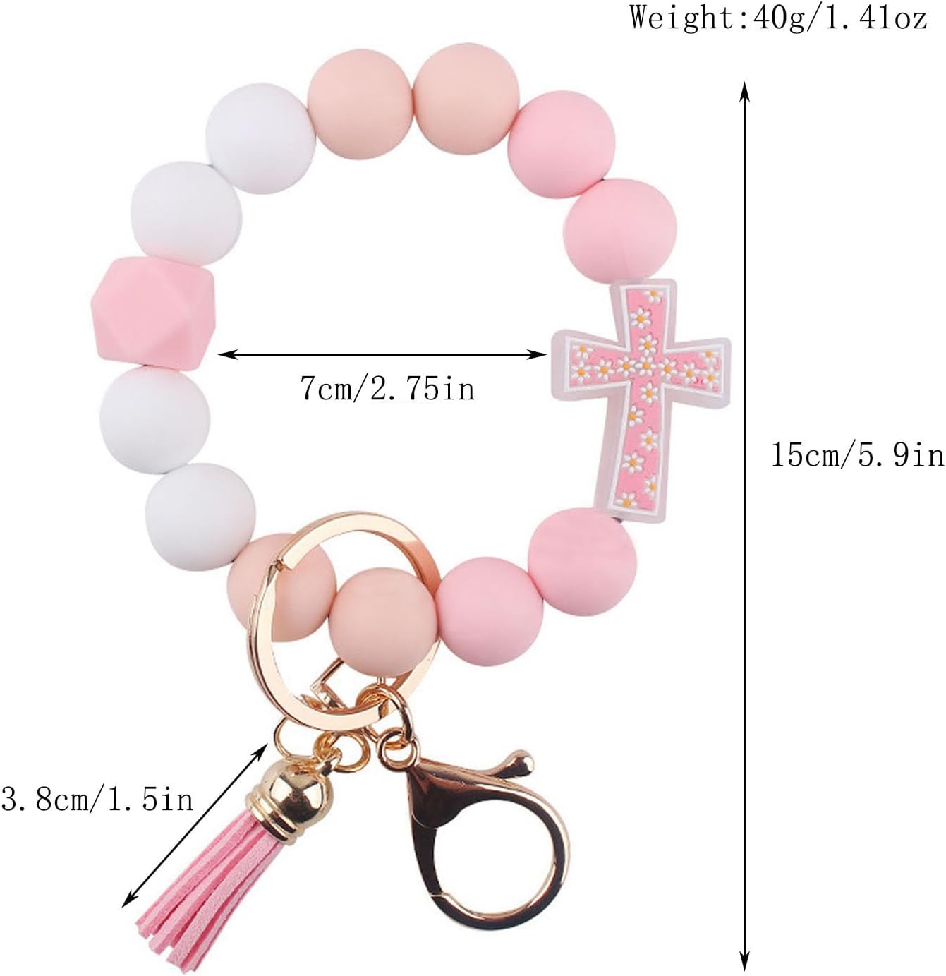 Flower Cross Silicone Beaded Wristlet Keychain Bracelet For Women Stretchy Charm Bracelet Wrist Key Chain - Image 3