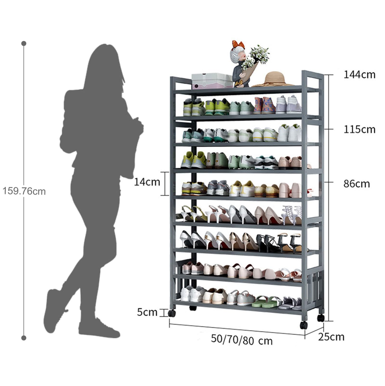 Scarpiera multifunzione in bambù a 7 ripiani con ruote, per armadio, corridoio, ingresso, soggiorno, design salvaspazio rimovibile (80 cm)