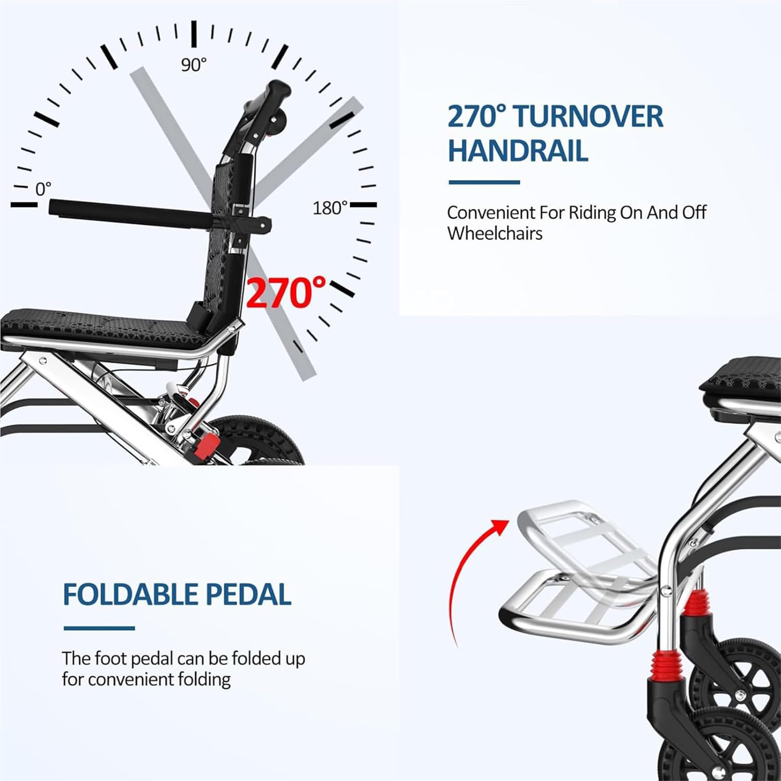 Silla de ruedas plegable ligera para adultos y niños, silla de ruedas portátil de viaje con freno de mano, marco de aleación de aluminio para un fácil transporte