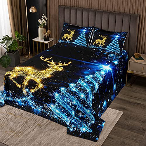 feelingyou Colcha de Navidad de 170 x 210 cm, color dorado, juego de 2 piezas para decoración de habitación infantil, diseño de árbol de Navidad, color azul