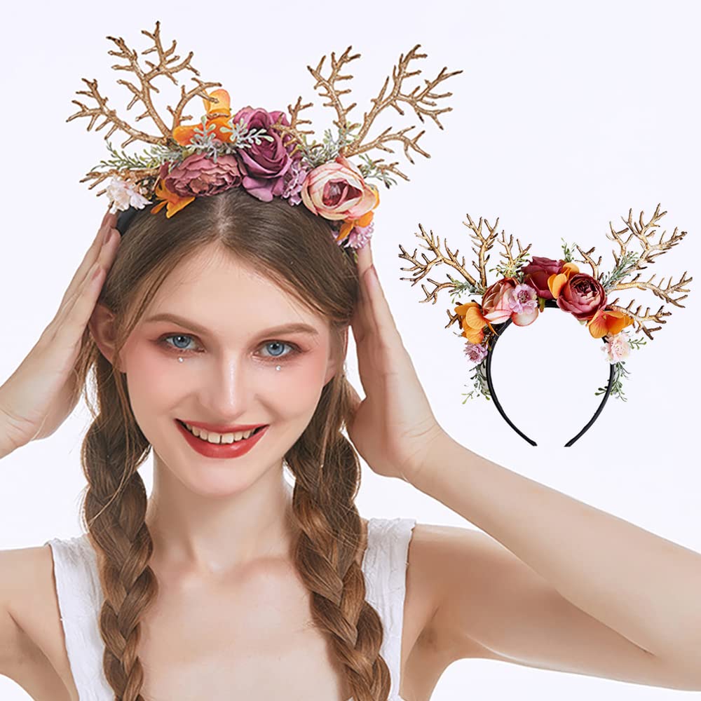 BubbmiDeer Antler Headband with Flower, Christmas Hair Hoop, Antler Hairband for Festival Party Cosplay Costume (KF066)