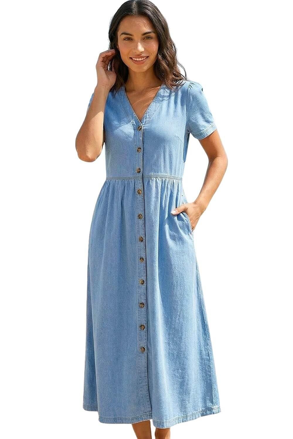 Roman Originals Women's Denim Blue Button Through Dress - Summer Beach Ditsy Spot Midi Maxi Spring Everyday Evening Work Holiday Vacation Short Sleeve Smart Casual