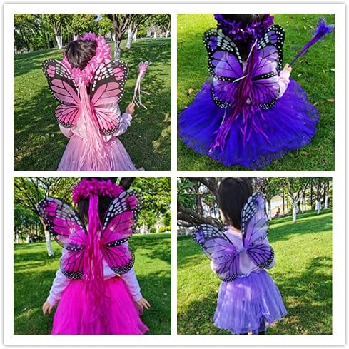 4 PC Girls Fairy Wings Butterfly Costume Set with Wings, Tutu, Wand & Halo - Image 3