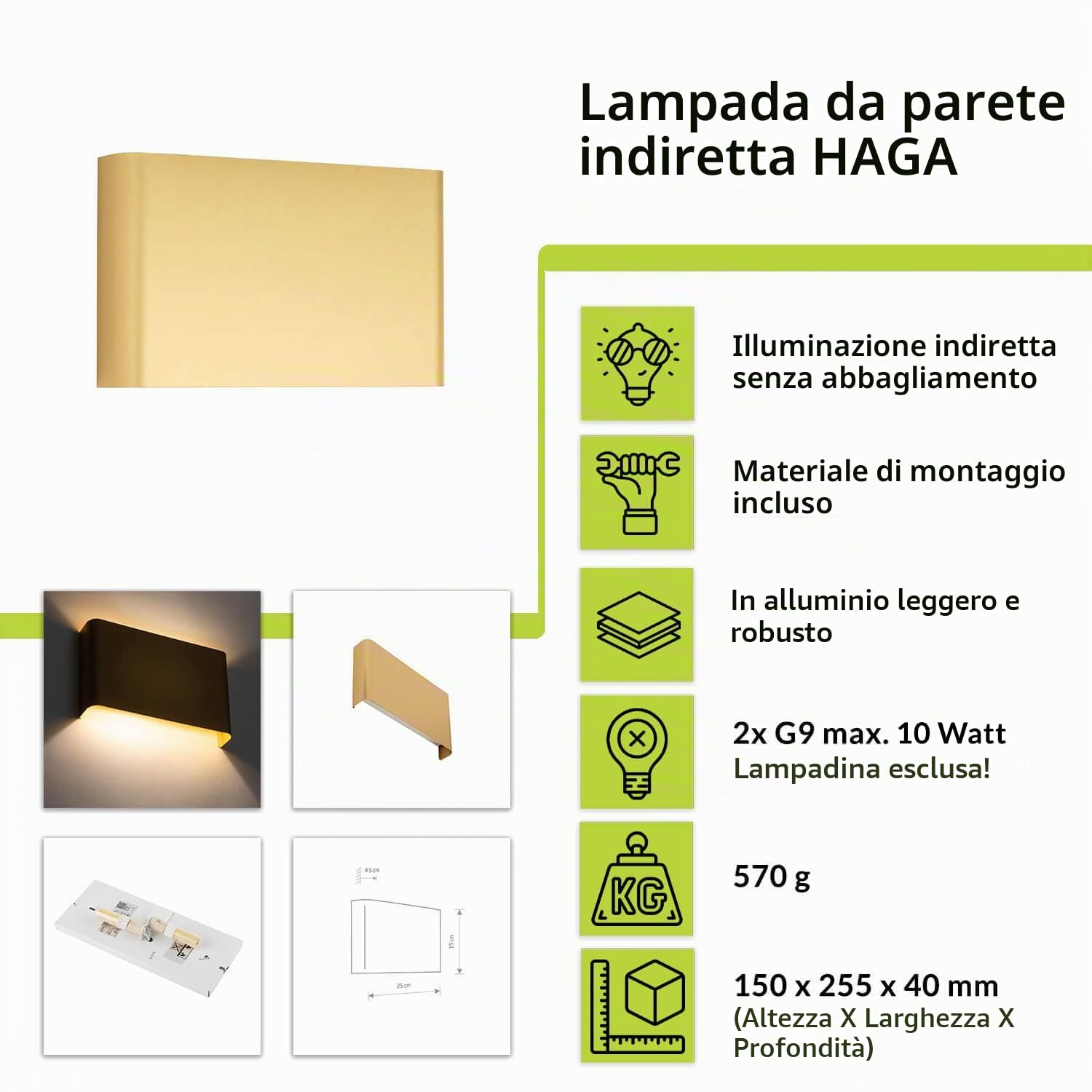 Lampada da parete per interni, applique oro, luce up-down, scala, L:25 cm, G9, 2 luci, piatta, angolare, corridoio, soggiorno, applique camera da letto