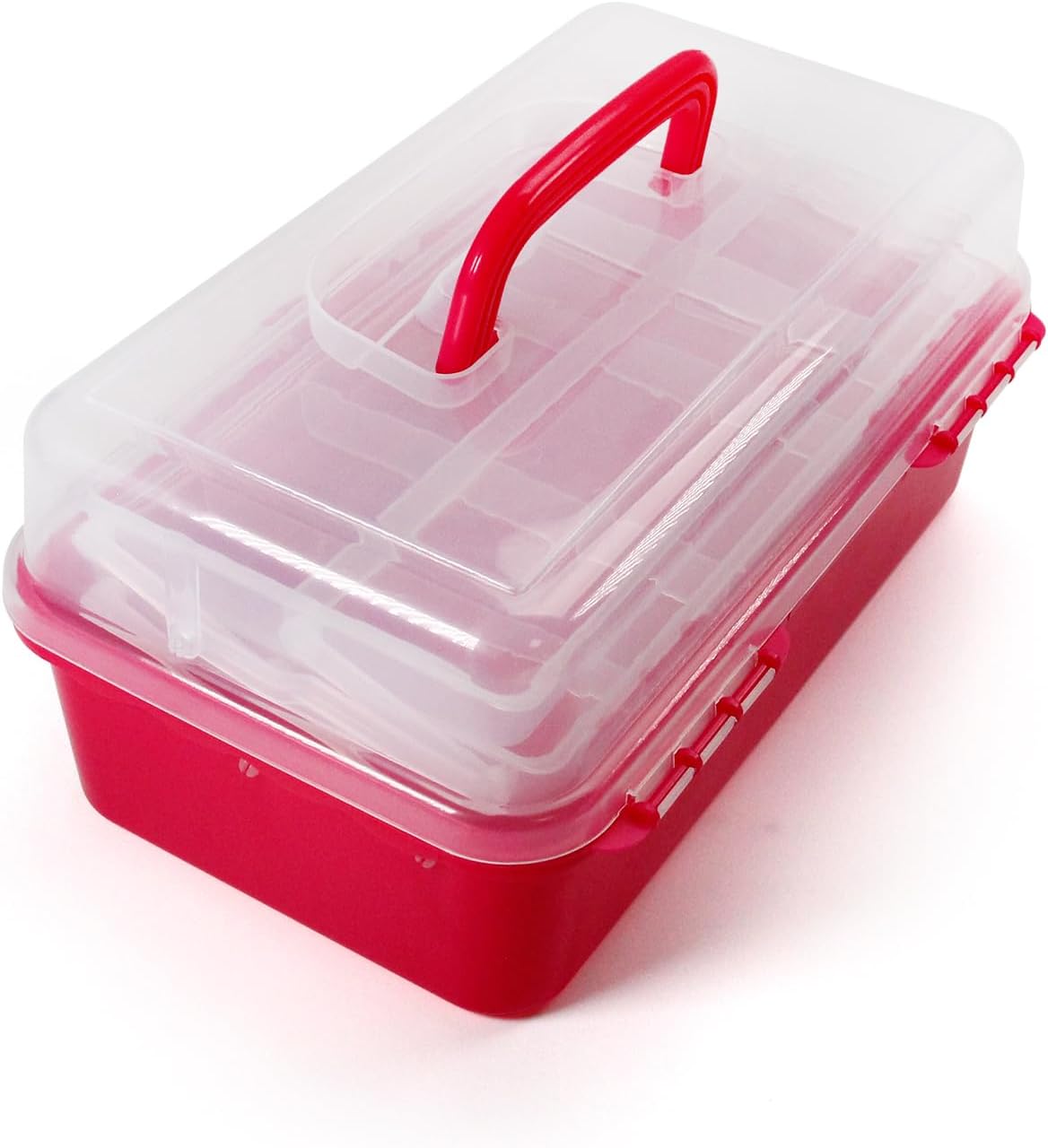 Utoolmart 13" Three-Layer Plastic Storage Box Folding Tool Box, Hardware Organizer, Portable Handled Art Craft Cosmetic Case,Sewing Supplies Toys Family First Aid Container Box (Rose Red）