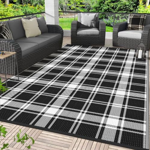 Image of GENIMO Outdoor Rug, Waterproof Plastic Rugs for Patio, 6'x9' Black Plaid | Outside Larger Modern Carpet Mat for Porch Decor, Deck, Balcony, Camping, RV, Backyard, Picnic, Beach, Reversible, Foldable
