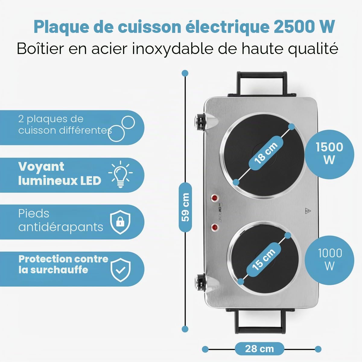 Clatronic Double plaque de cuisson DKP 3668 E, pour le camping, la cuisine ou le bureau, deux plaques de cuisson, thermostats réglables en continu, poignées Cool Touch, inox