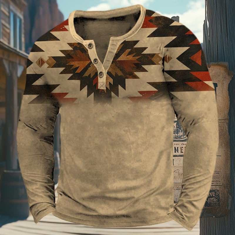 HOTYD Western Cowboy Henley Shirts for Men Retro Aztec Print Button Long Sleeve Graphic Tees Casual Loose Pullover Tops2