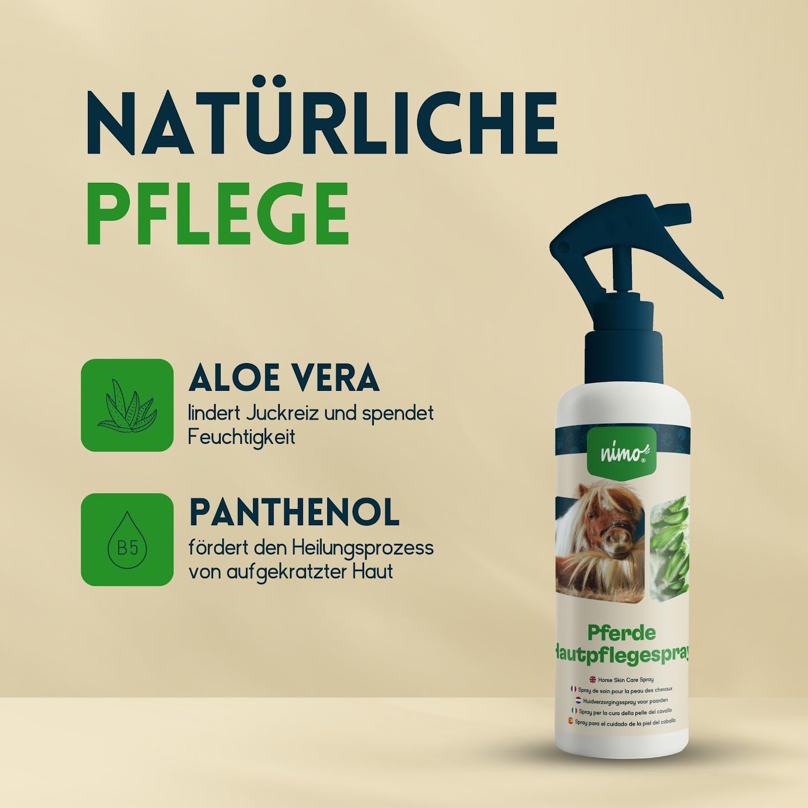 nimo® Espray para el cuidado de la piel para caballos con aloe vera y pantenol, regeneración de la piel en sequedad e inflamación, contra picazón e irritación, para infestaciones de parásitos, ácaros