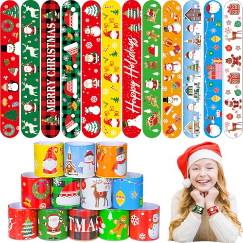 UMEMAXSO 48 Pcs Christmas Slap Bracelets - 12 Styles for Party Favors Stocking Stuffers & Decorations