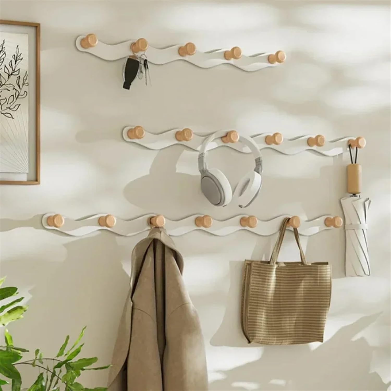 Wall-Mounted Coat Rack Coat Hooks Wall Mount Coat Hanger Wall Mount Creative Wave Iron Coat Hook No Punch Wooden Hanger Multi Functional Bathroom Coat Hook Coat Rack Hooks