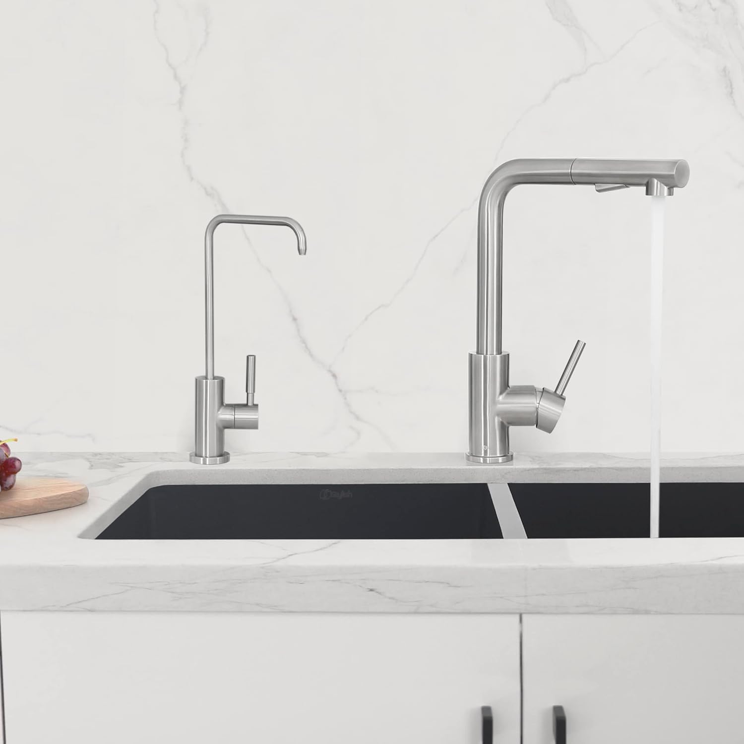 Stylish Kitchen Sink Faucet Pull Down Spout Mixer Tap and Stainless Steel Drinking Water Faucet for Kitchen Sink Combo Set in Brusehd Stainless Steel K130SK147S