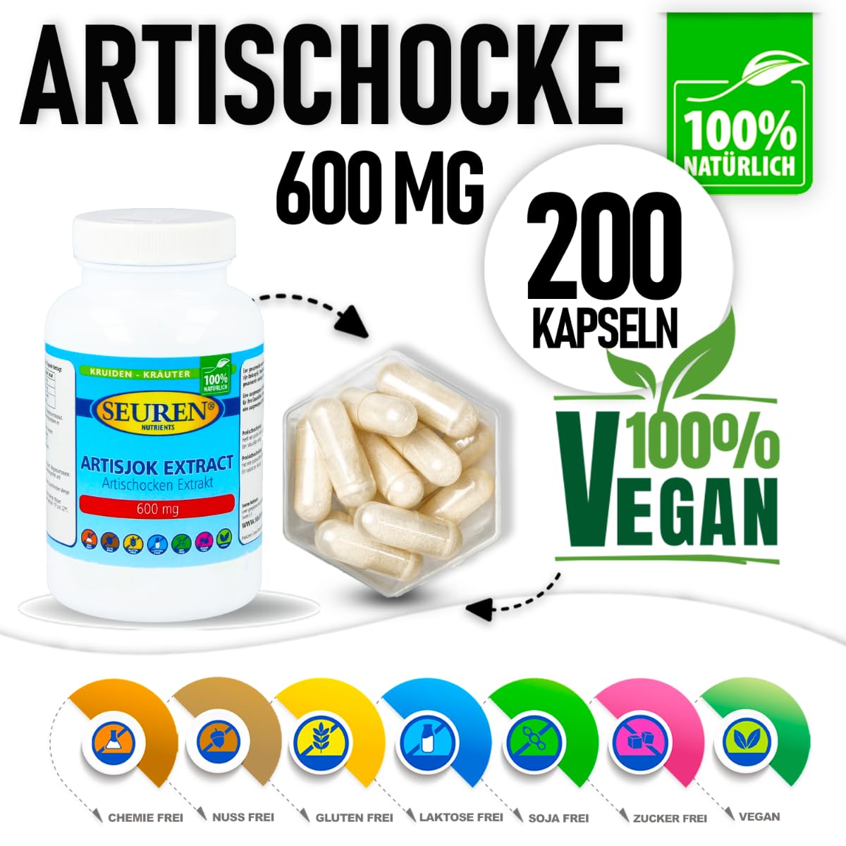 Seuren Nutrients | Artischocke 600 mg 300 Kapseln | Hochdosiert | Echter Artischocken Extrakt | Vergleichssieger | 100 Natürlich