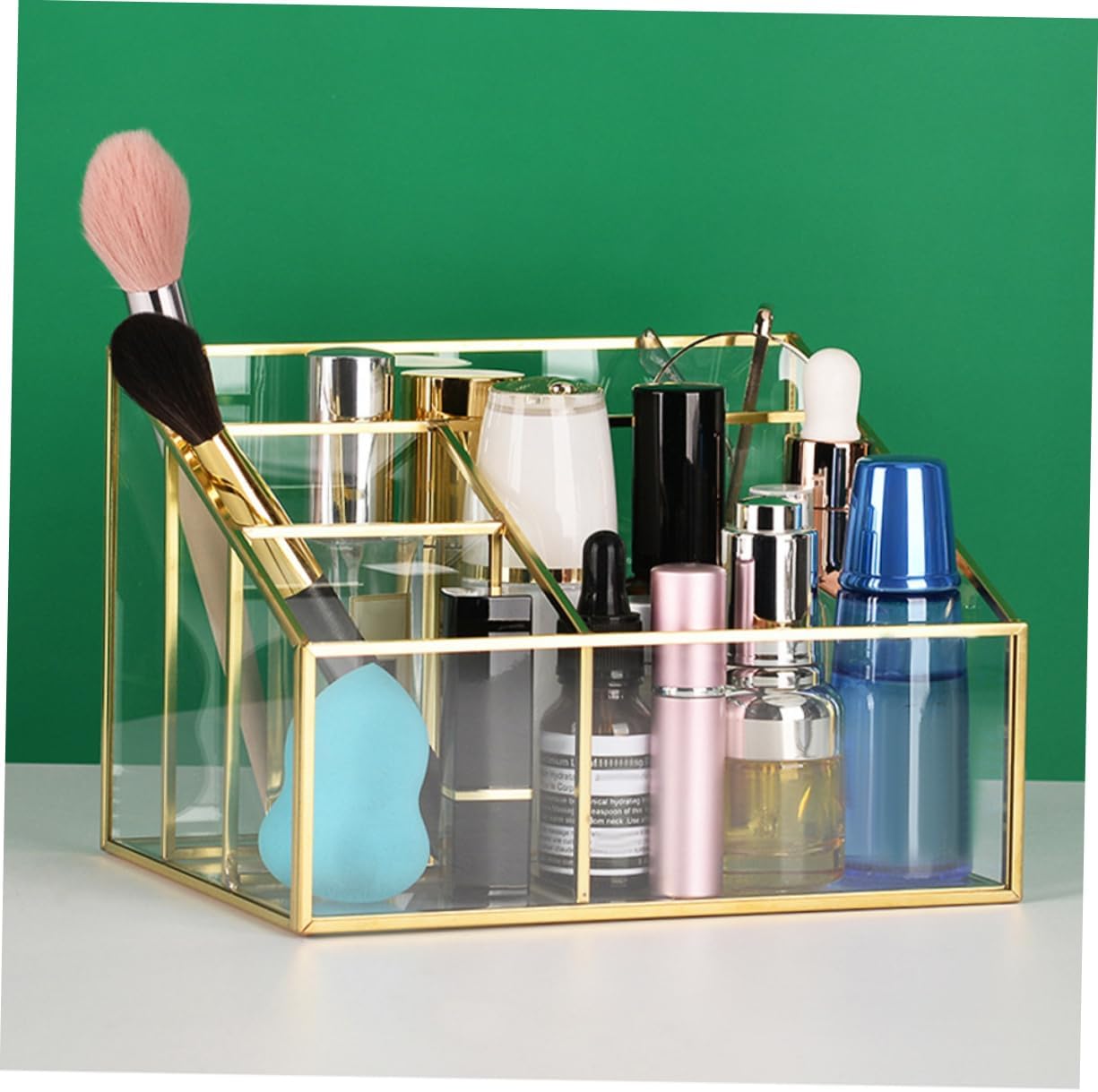 Unomor Glass Cosmetic Organizer with Frame Multipurpose Makeup Brush and Lipstick Holder for Vanity Skincare Storage Box for Bedroom Bathroom Dressing Easy to Clean Desktop Display Case