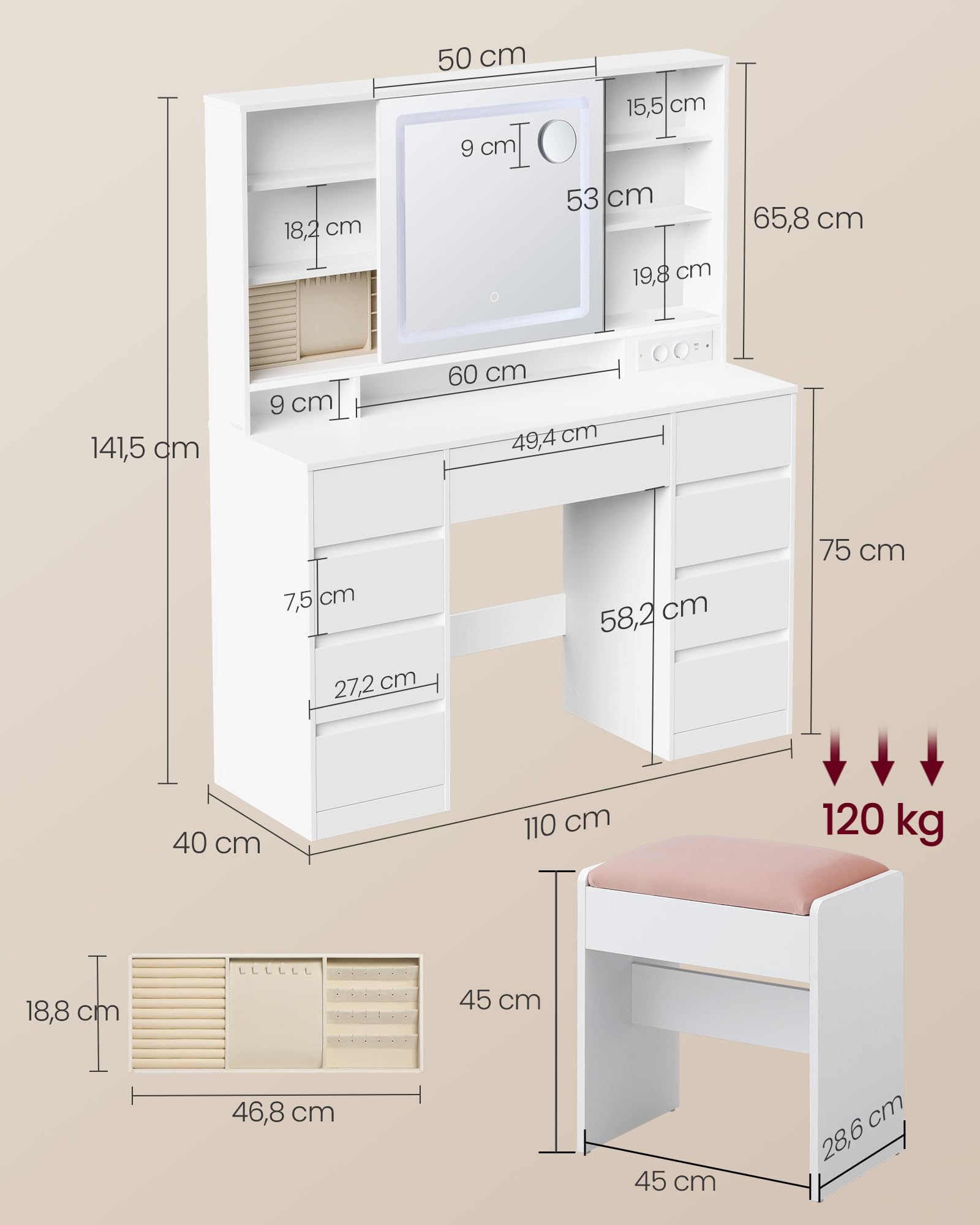VASAGLE Kailyn Collection - Coiffeuse avec Miroir LED et Tabouret, Multiprise, 9 Tiroirs, Loupe 10x, Rangement Bijoux, Éclairage 3 Couleurs, Installation des Rails sans Outils, Blanc Nuage RDT737W01