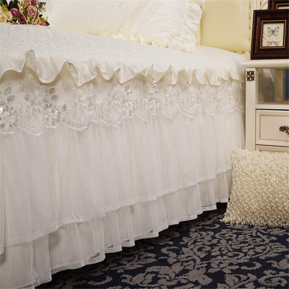 Tagesdecken-Set Mit Rüschenrock - Baumwolle Queen Size - Elegant In Cremefarben Mit Spitzen-Rüschen