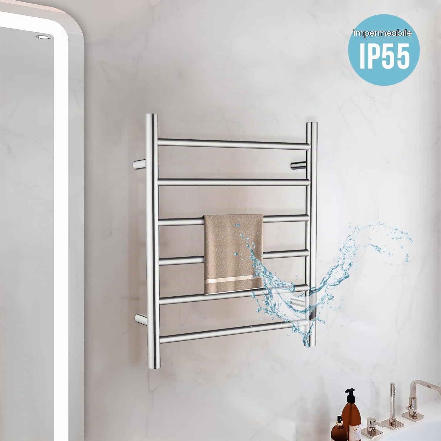 QL Scaldasalviette Elettrico con Timer,Portasciugamani Elettrico a Parete con Temperatura Regolabile,145W,Acciaio Inox 6 Bar,600x500mm,Argento