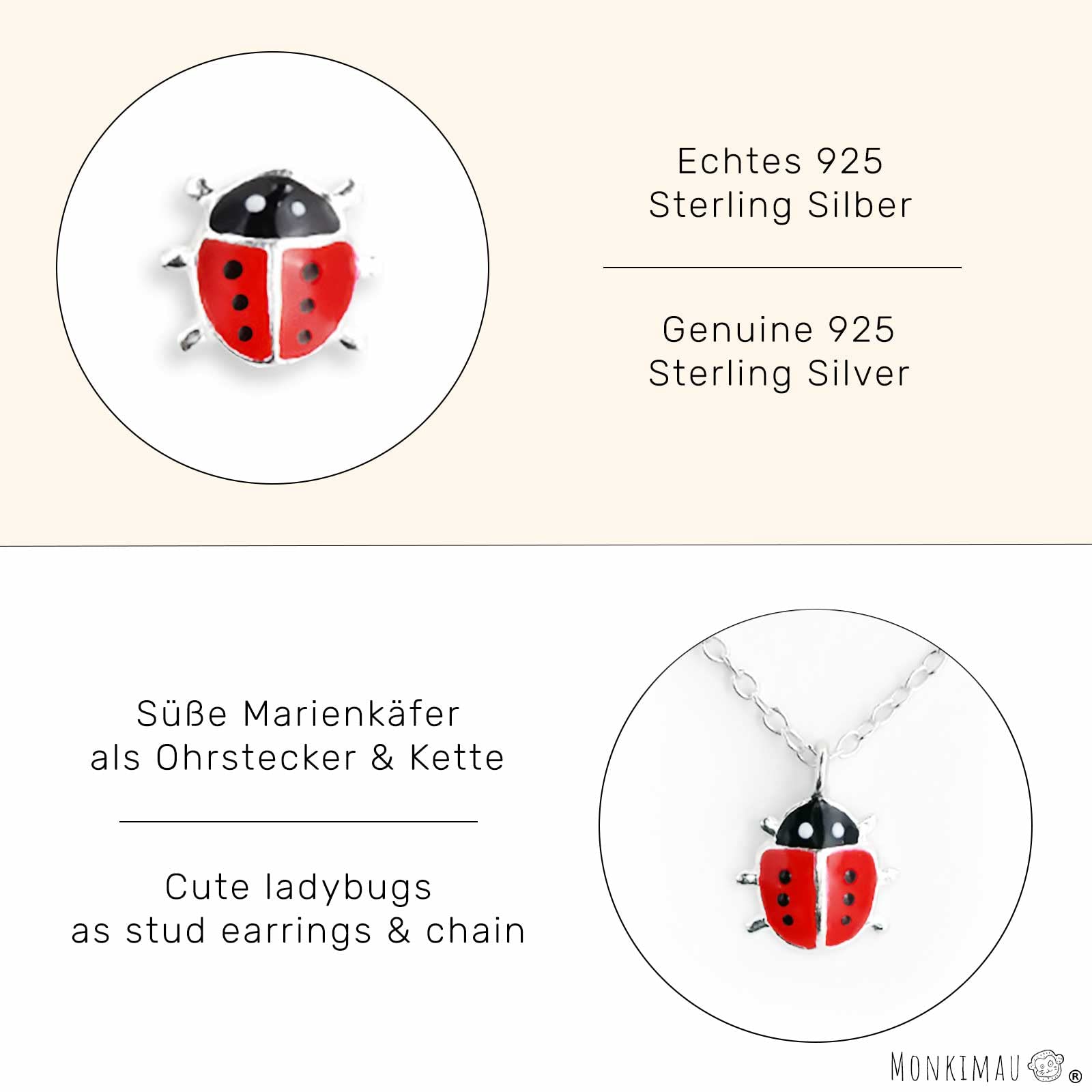 Monkimau Mädchen Halskette Marienkäfer Glücksbringer Anhänger aus 925 Sterling Silver echt Silber mit Ohrstecker Set Emaille Rot Schwarz 39cm Kette