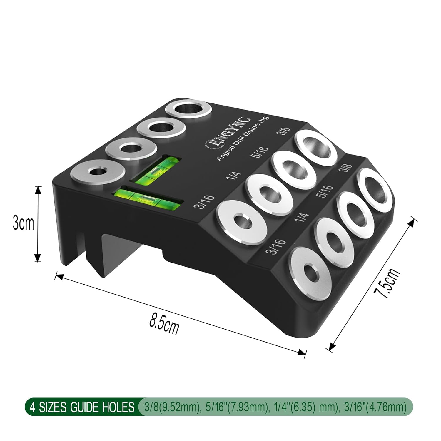 30 45 90 Degree Angled Drill Guide Jig with 2 Torpedo Level, 4 Sizes Portable Drilling Hole Guide Jig for Straight and Angle Stairs Handrail, Cable Railing, Deck, Wood Post Level Design