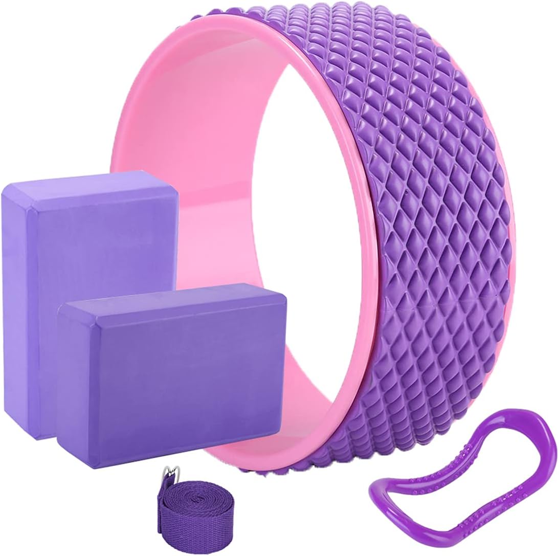 SHINYEVER 5-in-1 Yoga Wheel Set - 1 Yoga Wheel for Back Pain, 2 EVA Foam Yoga Blocks with Strap, 1 Extend Ring Premium Back Roller for Dharma Yoga Pose Backbend Stretching Pilates Meditation