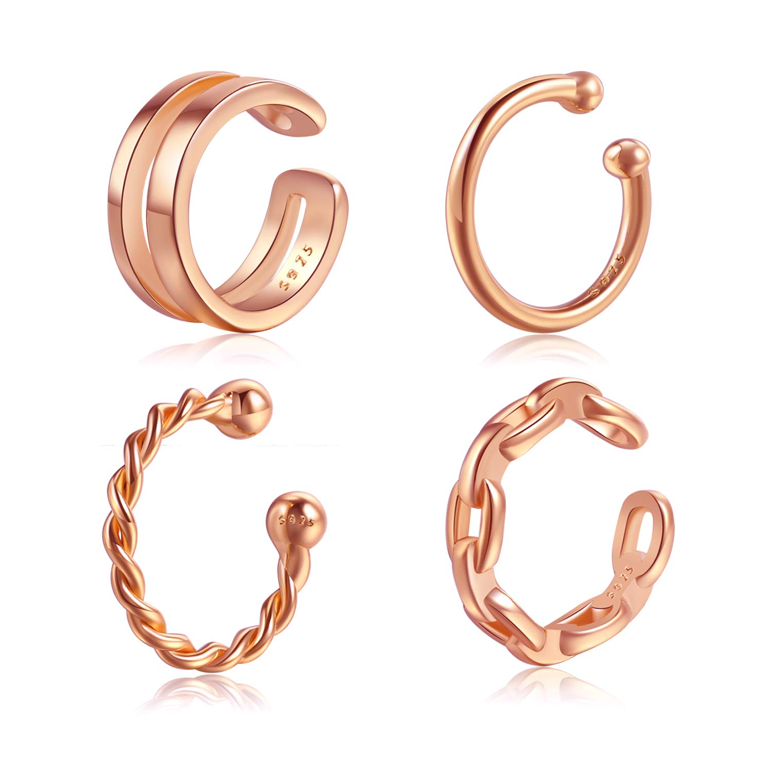 CHIC &amp; ARTSY 925 Sterling Silver Ear Cuffs for Women, Non Piercing Clip On Cartilage Cuffs, Adjustable Fake Conch &amp; Helix Earrings, Gold Plated &amp; Oxidized Various Styles
