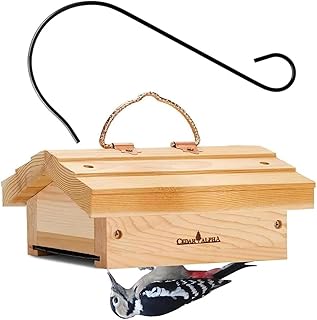 Upside Down Suet Feeder + Large Tree Hanger - Wild Bird Feeder with Rainproof Roof for Attracting Woodpeckers Nuthatches - Copper Hanger Alaskan Old Growth Red Cedar - Squirrel Proof Feeder