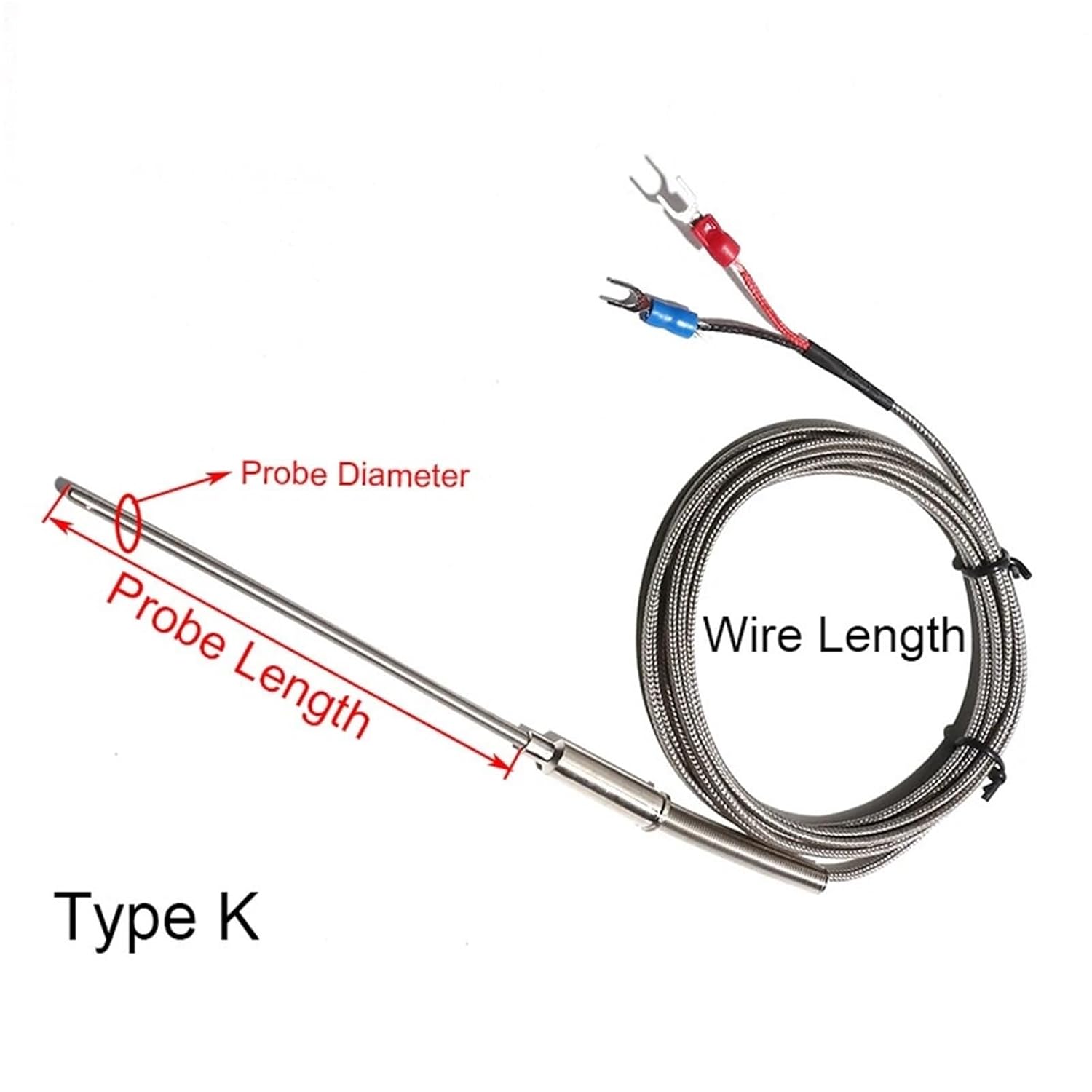 3 Meters Type K Armored WRNK-191 Probe Thermocouple Wire 0-1100 Degree 2-Wires Temperature Sensor Flexible Temperature Probe(Probe 4x100mm)