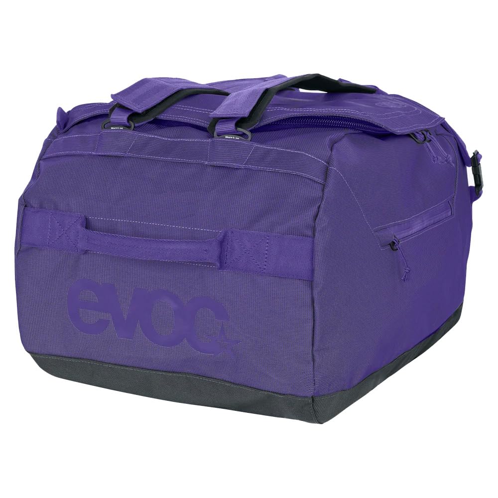 EVOC DUFFLE BAG 40 Wodoodporna torba podróżna i na sprzęt (torba podróżna z odpinanym paskiem do noszenia, uniwersalnym zastosowaniem i zamkiem, bez PVC, rozmiar S), fioletowo-czarna