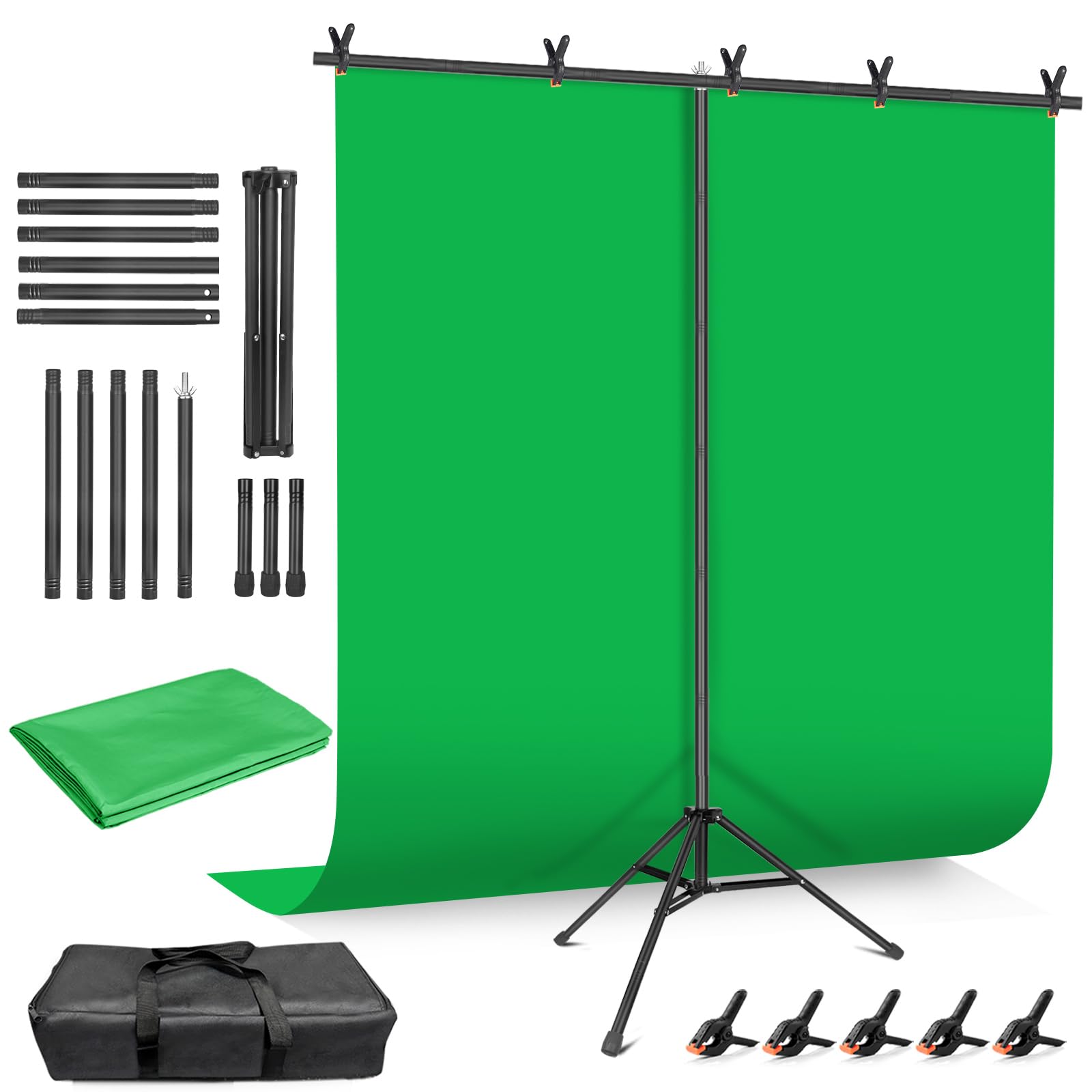 HEMMOTOP Kit sfondo verde per schermo verde, 2,4 x 2,1 m (altezza x larghezza), schermo verde più ampio con supporto, sfondo verde chromakey portatile con supporto, morsetti a molla, custodia per zoom