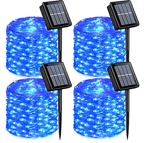 QITONG 4 Pack Solar Fairy Lights Blue, Each 33ft 100 LED Outdoor String Lights, 8 Modes Blue Solar Lights Outside Waterproof