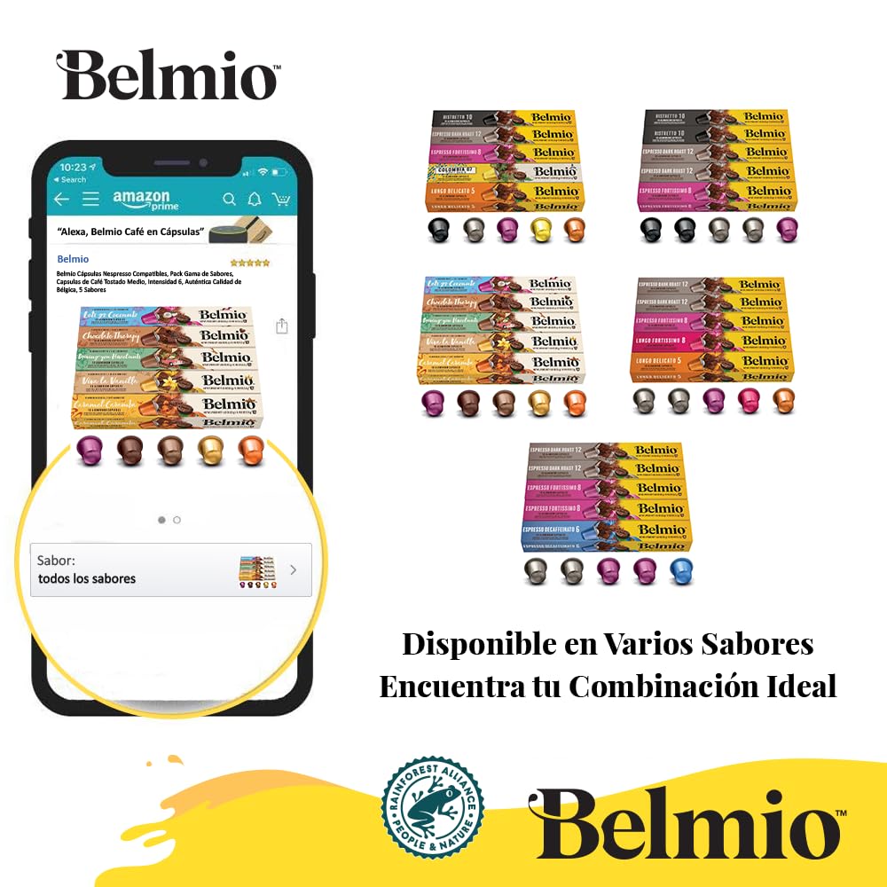 Belmio Cápsulas Nespresso Compatibles, Pack Gama Todos los Sabores, Capsulas de Café Tostado Medio, Intensidad 6 y 7, Auténtica Calidad de Bélgica, 8 Sabores, 100 Unidades