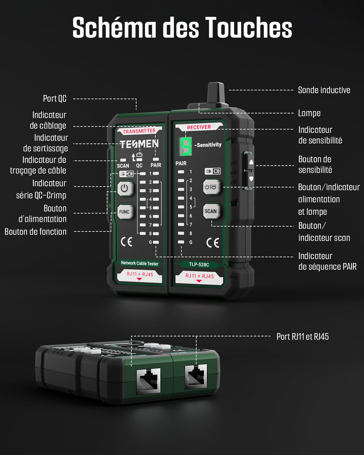TESMEN TLP-528C Testeur de câbles réseau, RJ11/RJ45, détecteur Ethernet CAT5/CAT6 avec test de continuité & QC, localisateur LAN et téléphonique, idéal pour maintenance des câbles – Vert